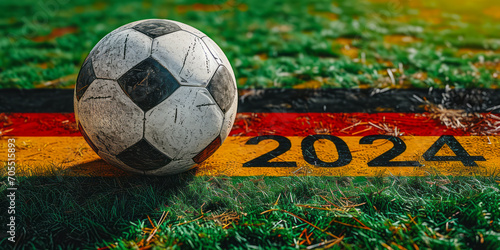 Soccer ball on a green field with UEFA Euro 2024 text, symbolizing the anticipation for the upcoming European football championship