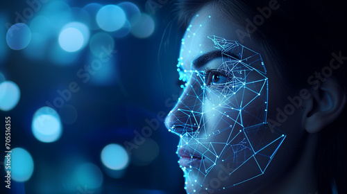Womans Face With Digital Biometric Facial Recognition, Technology Concept in Dark Room