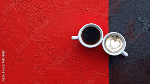 a cup of coffee in red and black background, minimal style, background texture, generate ai
