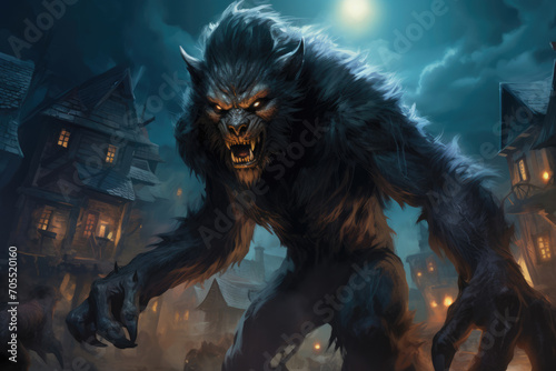 Werewolf caught in the act of transforming, with an eerie moonlit village in the background