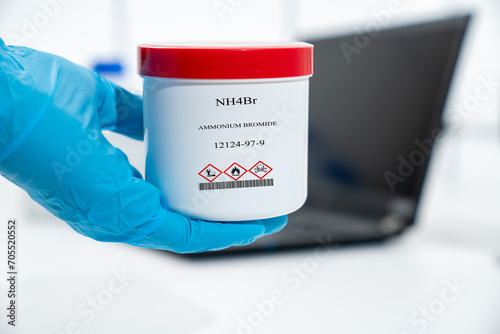 NH4Br ammonium bromide CAS 12124-97-9 chemical substance in white plastic laboratory packaging
