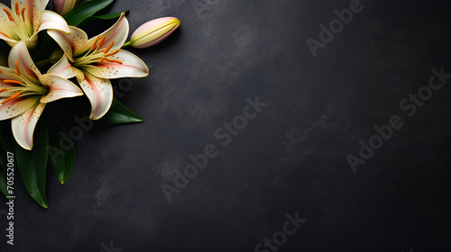 Lily's funeral flower on dark stone.Condolence card with copy space, generative ai