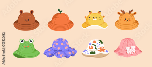 Summer hats, kids panamas set. Beach headwear, childs head accessories in cute baby style, modern design. Sun headdress, funny headgear for boys and girls, children. Colored flat vector illustrations