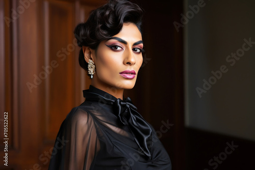 Portrait of a young transgender Hijra man in modern women's fusion wear, blending traditional and contemporary styles