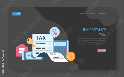 Inheritance tax dark or night mode web, landing. An illustration simplifying tax calculations on estate assets, with symbols representing home ownership and financial responsibilities.
