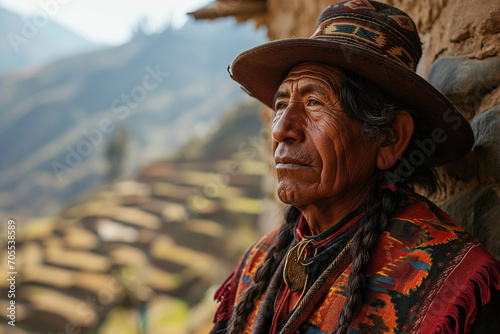 elderly peruvian villager in national clothes