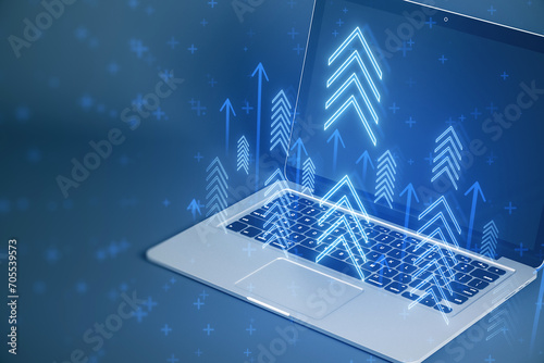 Close up of laptop at workplace with growing blue business chart arrows on blurry background. Success, trend and financial growth concept. 3D Rendering.
