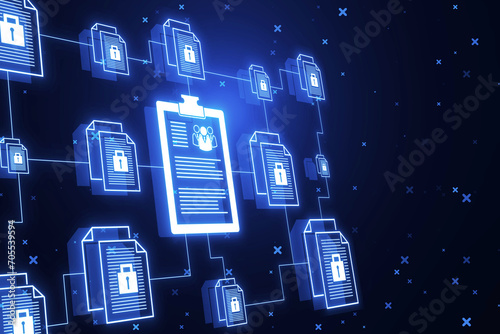 Creative digital chain of documents on blurry background. Security, data, login and e-signature concept. 3D Rendering.