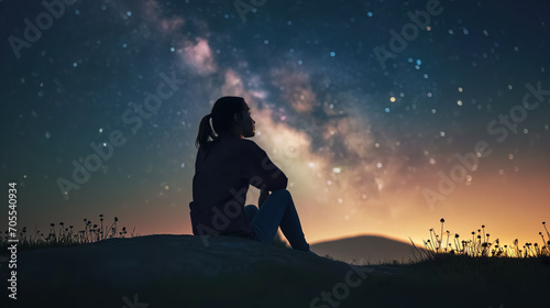 A contemplative woman stargazing on hilltop.