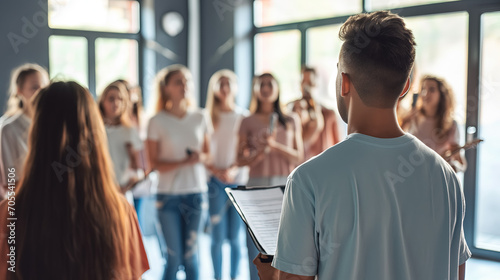 Choir rehearsal with a director in foreground.