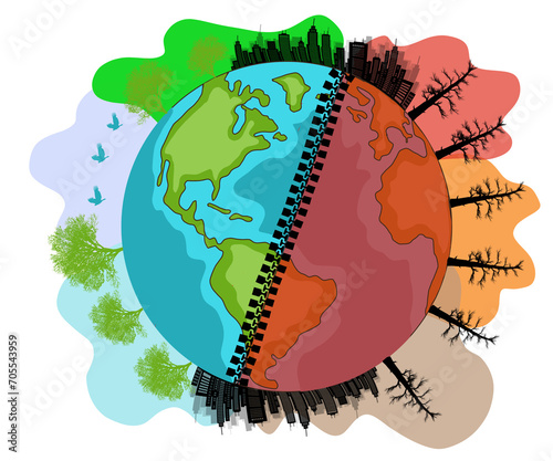 illustrazione Pianeta terra diviso a metà riscaldamento globale e temperatura controllata