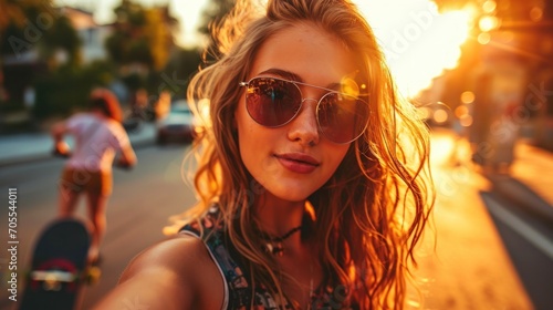 Girl with Skateboard and Selfie