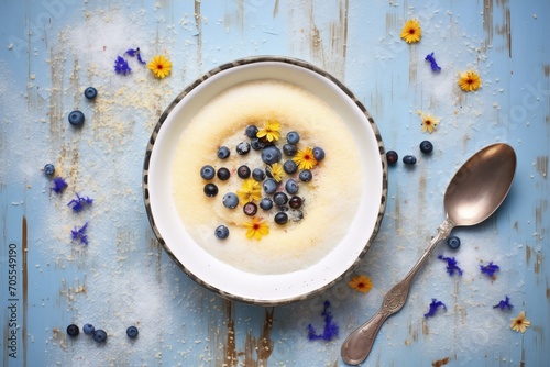 spoon submerged in semolina porridge with scattered blueberries