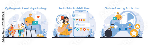 Internet addiction set. Scenes of individuals neglecting real-life interaction for social media and gaming, reflecting on internet overuse. Flat vector illustration.