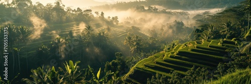 Dramatic sunrise over Bali's terraced rice paddies, with rays piercing through the morning mist.