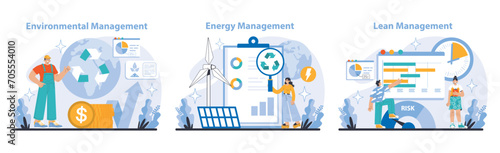 Logistics and Inventory Management set. Showcases environmental stewardship, renewable energy integration, and efficiency-driven lean management. Flat vector illustration.