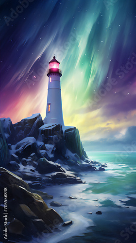 lighthouse in the sea at night in northern with aurora in the sky