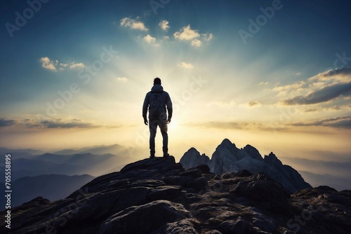 silhouette of person standing on top of mountain, man conquers the challenging peaks, embracing the victory and reaching the majestic summit of the snow-clad mountains, snowy ascent