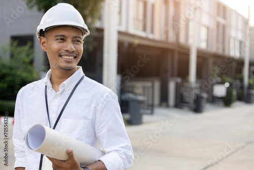 close up indian engineer man smile and hold blueprint of building project in front of site for civil and construction concept
