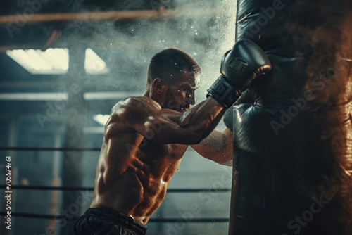 male boxer hitting a huge punching bag at a boxing studio