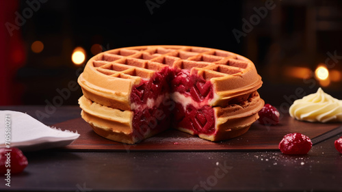 Belgian waffles with raspberries on a dark background.