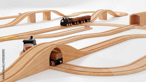 Closeup of toy train and wooden tracks on plain white background. 3d rendering