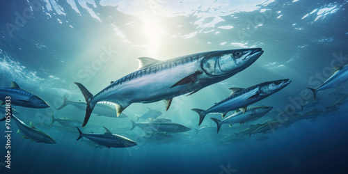 Wide view of a group of mackerel in the ocean. Banner concept for a fish store or seafood department.