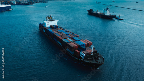 logistic cargo container ship sailing in sea to import export goods and distributing products to dealer and consumers shipping port background, cinematic blue tone process,