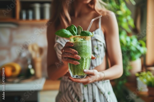 Young woman drinking green fresh vegetable juice or smoothie from glass at home. Healthy detox diet drink