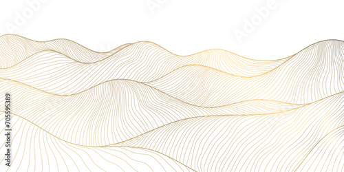 Vector line japanese art, mountains background, landscape dessert texture, wave pattern illustration. Golden minimalist drawing.
