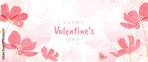 Happy Valentine's day watercolor vector background. Luxury flower wallpaper design with rose, wild flower, gold line, heart. Elegant botanical illustration suitable for greeting card, print, cover.