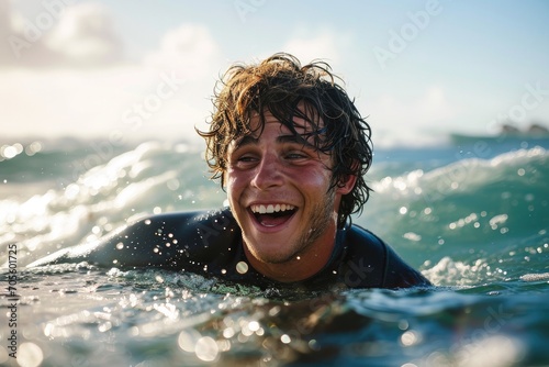 A lone man glides through the crystal blue ocean, his face lit up with joy as he conquers the waves while surfing in the peaceful outdoor setting