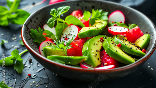 A close-up view of a vibrant and colorful fresh avocado salad with radishes, herbs, tomato and spices served in a bowl on a dark textured surface. 