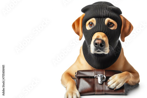 dog dressed as a thief criminal wearing a balaclava Isolated on white background. ai generative