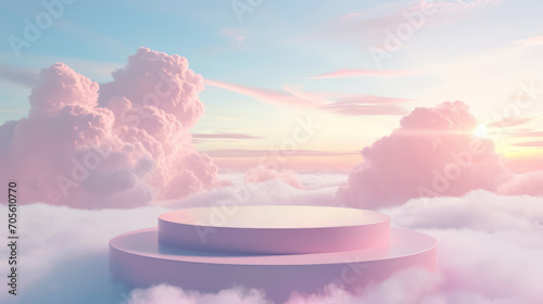 Natural beauty podium backdrop for product display with dreamy sky background. Romantic, Product presentation, mock up, cosmetic product,