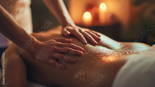 Close-up of a man receiving therapeutic, relaxing back massage in a serene spa setting.