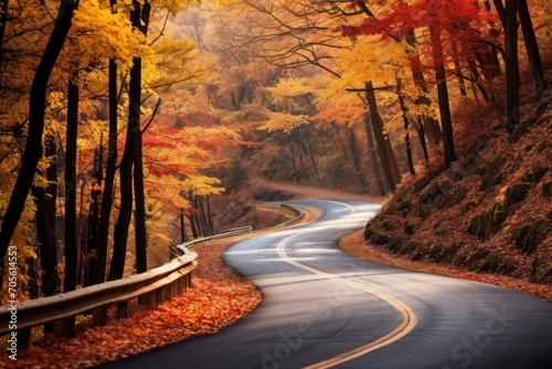 winding road in autumn forest with natural light on beautiful day