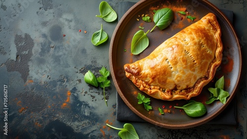 A freshly baked, golden brown calzone on a rustic plate