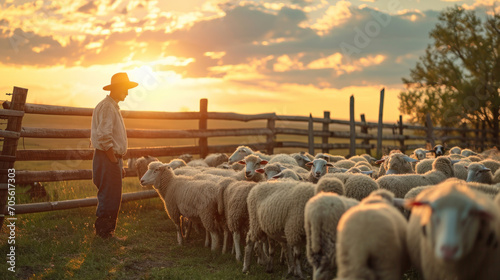 A young American farmer sheep in a pen during sunset