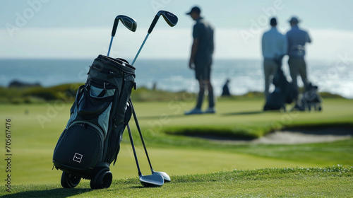 Close-up of golf bag with people in background