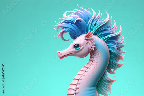 a close up of a statue of a sea horse, digital art, blue and pink colors, a beautiful artwork 