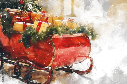 A painting of a red sleigh filled with presents. Perfect for holiday and Christmas-themed designs