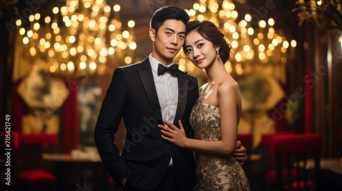 Chinese rich couple dressed in formal attire, men's black suit, woman's evening dress, standing at a fancy banquet venue in the evening