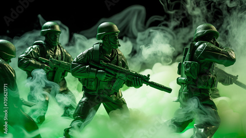 Epic battle scene with plastic green toy soldiers shooting with modern riffles surrounded by smoke , war concept image
