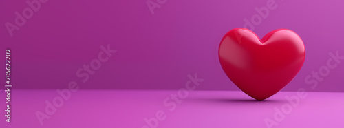 3D Red Heart on a clean purple background banner style with copy space. Horizontal banner. Ideal for valentine's day or other holidays. Minimal clean design. Love concept.