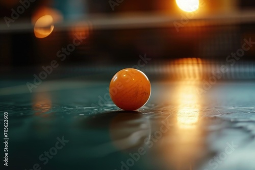 A ping pong ball sitting on top of a table. Can be used for sports or recreational themes
