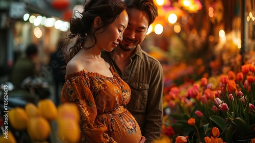A Japanese husband with his pregnant wife in tulip field in Valentine Day with copy space, Generative AI.