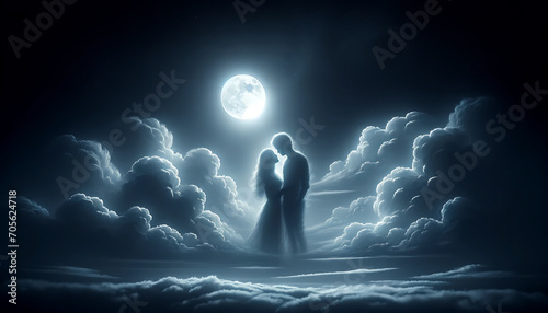 Silhouettes de couple amoureux dans les nuages avec clair de lune ou rayon de soleil, idéal pour st Valentin, mariages, romantisme, amour