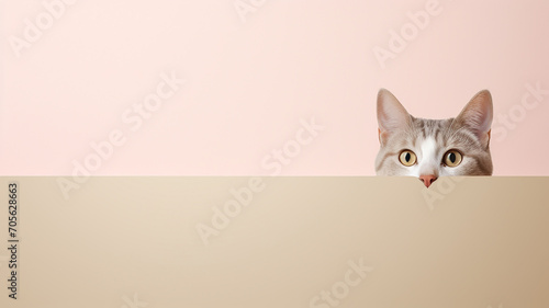 cat peeks out, on a smooth background in the studio, lots of copy space for design
