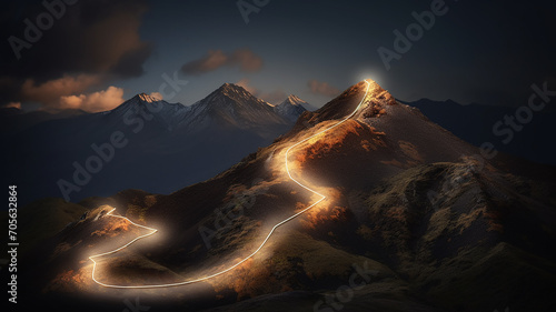 glowing path to the top of the mountain, business success strategy, development and growth concept
